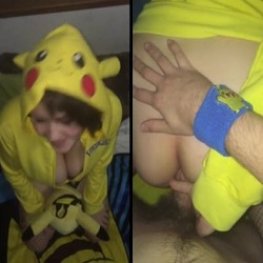 Namorada gatinha vestida de Pikachu e dando o cu